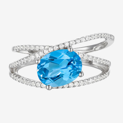 Womens Genuine Blue Topaz Sterling Silver Crossover Side Stone Cocktail Ring