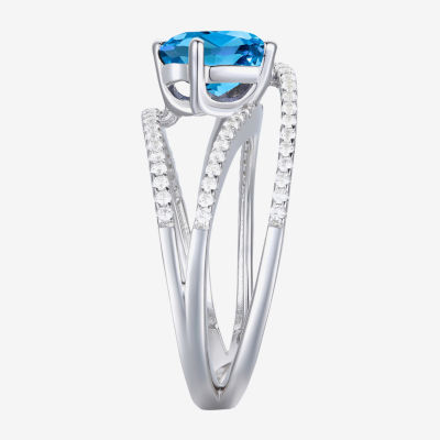 Womens Genuine Blue Topaz Sterling Silver Crossover Side Stone Cocktail Ring