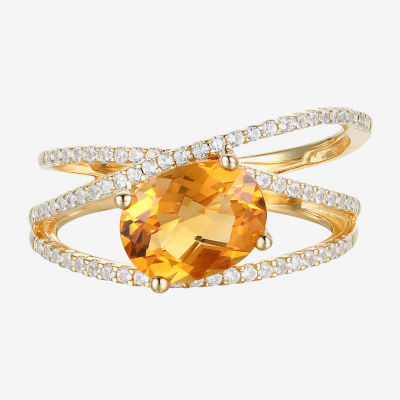 Womens Genuine Yellow Citrine Sterling Silver Crossover Side Stone Cocktail Ring