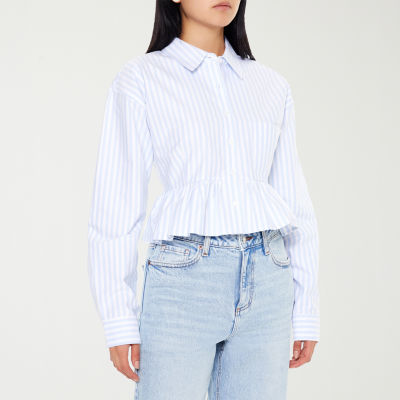 Forever 21 Juniors Peplum Stripe Woven Womens Long Sleeve Button-Down Shirt