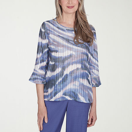 Alfred Dunner Worth Avenue Womens Round Neck 3/4 Sleeve T-Shirt, Petite Medium, Purple