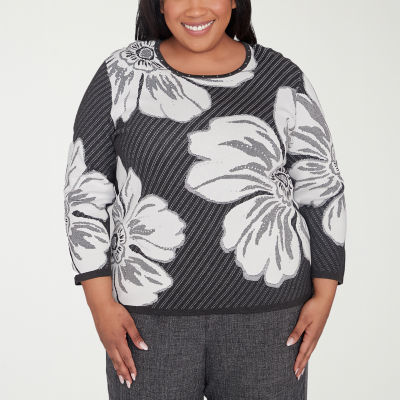 Alfred Dunner Plus Womens Crew Neck 3/4 Sleeve Floral Pullover Sweater