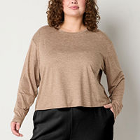 Xersion Womens Everyday Crew Neck Long Sleeve T-Shirt Plus, 0x, Beige