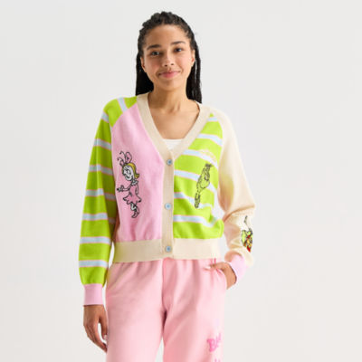 Womens Long Sleeve Button Grinch Juniors Striped Cardigan, Color