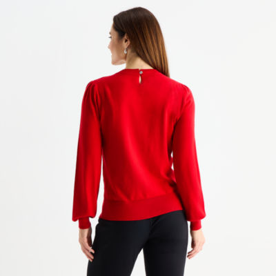 Liz Claiborne Womens Crew Neck Embellished Long Sleeve Pullover Sweater