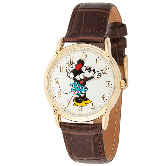 Disney Minnie Mouse Womens Brown Leather Strap Watch Wds000411