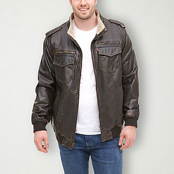 Men's Faux Leather V Bomber Jacket with Detachable Faux Fur Hood