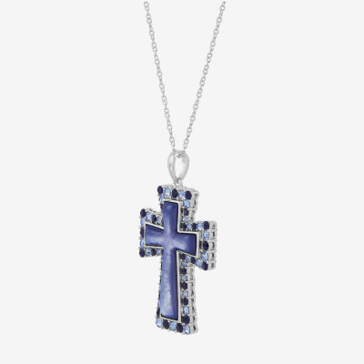 Womens Blue Mother Of Pearl Sterling Silver Cross Pendant Necklace