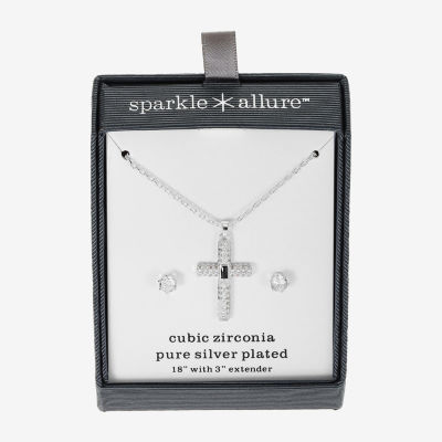 Sparkle Allure 2-pc. Cubic Zirconia Pure Silver Over Brass Cross Jewelry Set