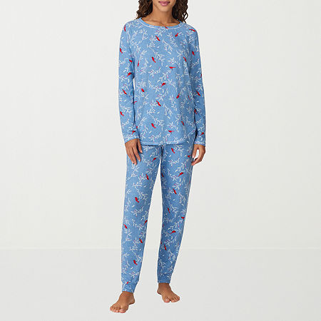 Cuddl Duds Womens Round Neck Long Sleeve 2-pc. Pant Pajama Set, Large, Blue