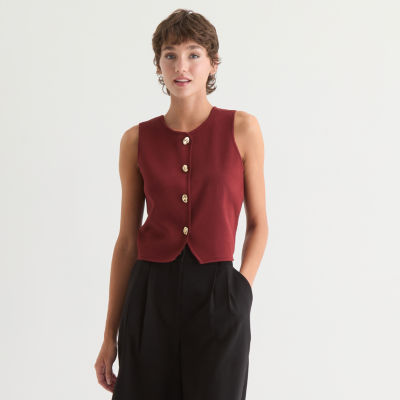 by&by Womens Round Neck Button Juniors Sweater Vest, Color: Merlot