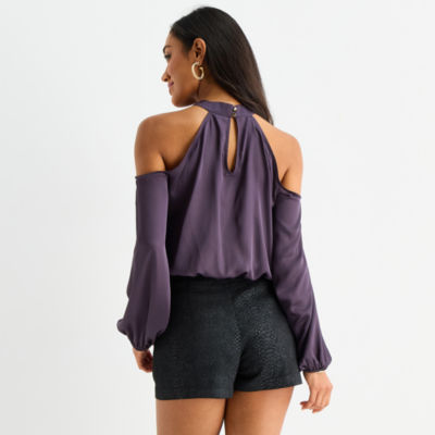 Bold Elements Womens Mock Neck Long Sleeve Satin Blouse