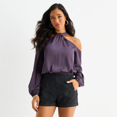 Bold Elements Womens Mock Neck Long Sleeve Satin Blouse