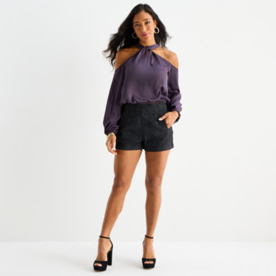 Bold Elements Womens Mock Neck Long Sleeve Satin Blouse