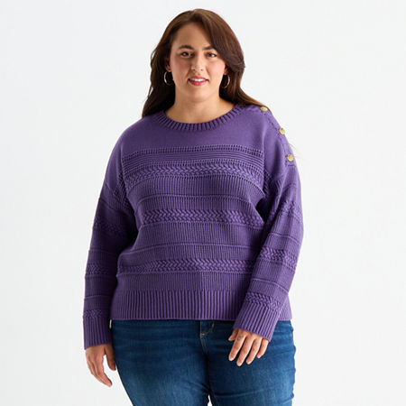 St. John's Bay Plus Womens Crew Neck Long Sleeve Pullover Sweater In Purple