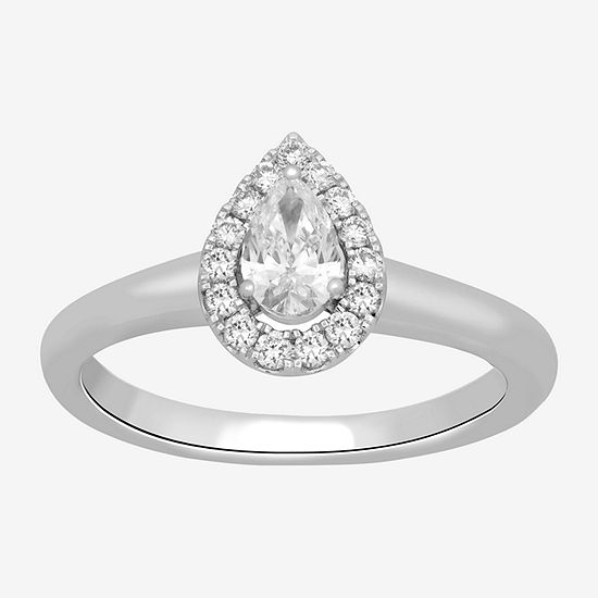 Signature By Modern Bride Womens 1/2 CT. T.W. Lab Grown White Diamond 10K White Gold Pear Halo Engagement Ring