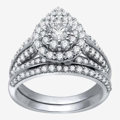 Signature By Modern Bride Womens 1 1/2 CT. T.W. Natural Diamond 14K Gold Pear Side Stone Halo Bridal Set