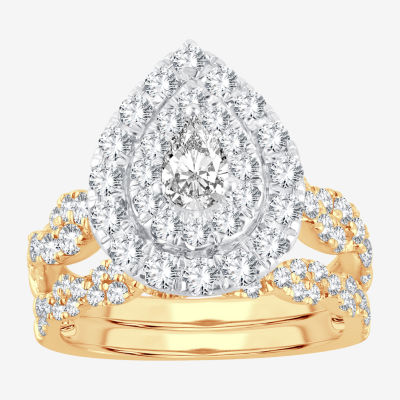 Signature By Modern Bride Womens 2 CT. T.W. Genuine White Diamond 10K Gold Pear Side Stone Halo Bridal Set