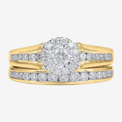 Womens 1 CT. T.W. Natural White Diamond 14K Gold Round Side Stone Halo Bridal Set