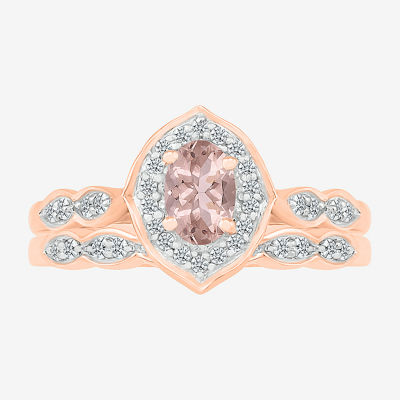 Modern Bride Gemstone Womens Genuine Pink Morganite 14K Rose Gold Oval Bridal Set