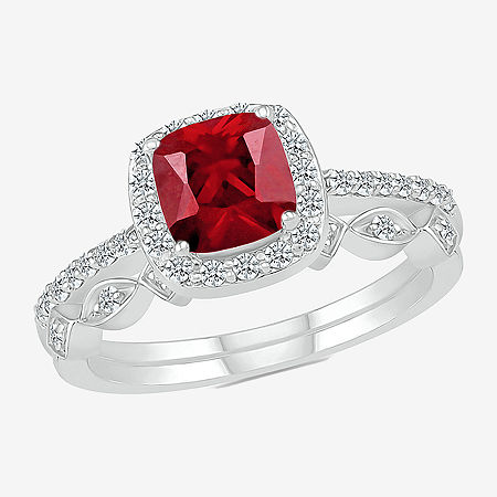 Modern Bride Gemstone Womens Lab Created Red Ruby 14K White Gold Cushion Bridal Set, 7, Ruby