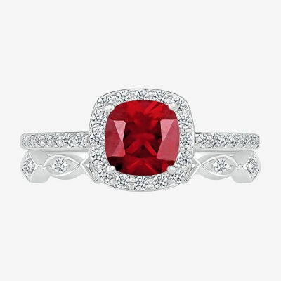 Modern Bride Gemstone Womens Lab Created Red Ruby 14K White Gold Cushion Bridal Set