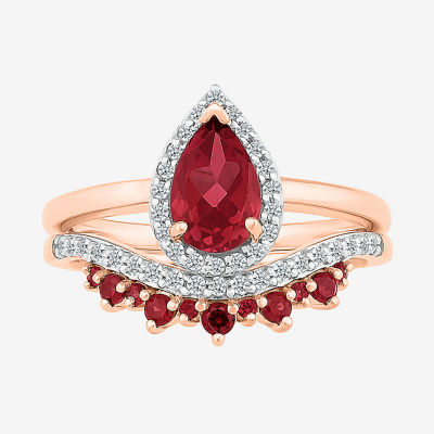 Modern Bride Gemstone Womens Lab Created Red Ruby 14K Rose Gold Pear Bridal Set