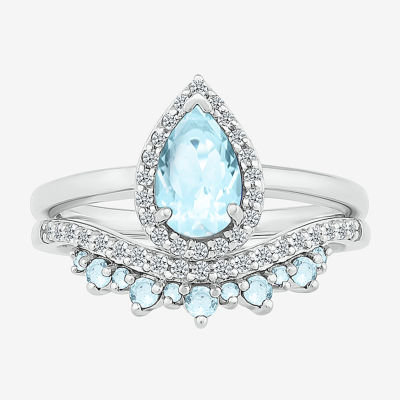 Modern Bride Gemstone Womens Genuine Blue Aquamarine 14K White Gold Pear Bridal Set