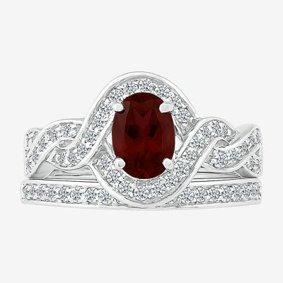 Modern Bride Gemstone Womens Genuine Red Garnet 14K White Gold Oval Bridal Set