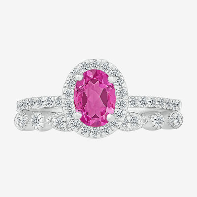 Modern Bride Gemstone Womens Lab Created Pink Sapphire 14K White Gold Oval Bridal Set