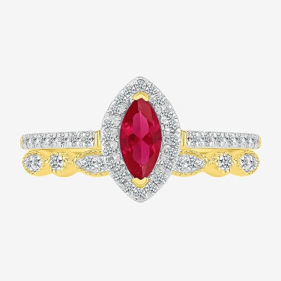 Modern Bride Gemstone Womens Lab Created Red Ruby 14K Gold Marquise Bridal Set
