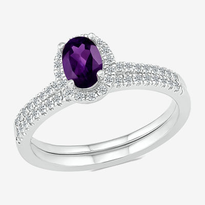 Modern Bride Gemstone Womens Genuine Purple Amethyst 14K White Gold Oval Bridal Set