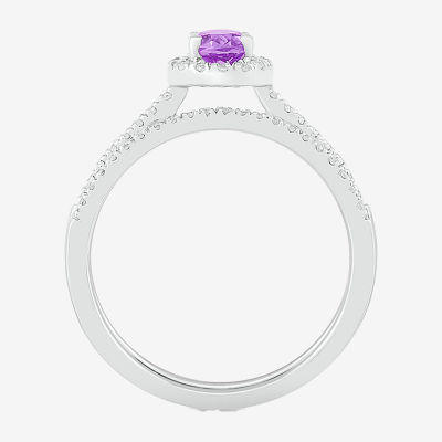 Modern Bride Gemstone Womens Genuine Purple Amethyst 14K White Gold Oval Bridal Set