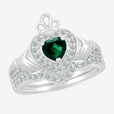 Modern Bride Gemstone Womens Lab Created Green Emerald 14K White Gold ...