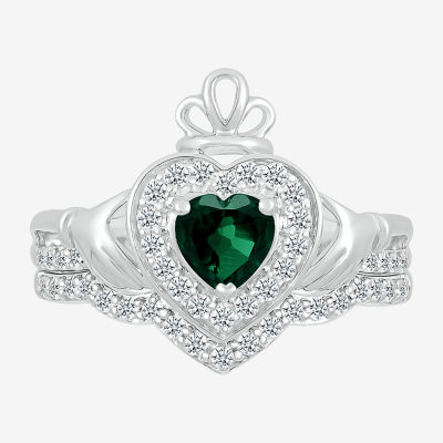 Modern Bride Gemstone Womens Lab Created Green Emerald 14K White Gold Claddagh Bridal Set