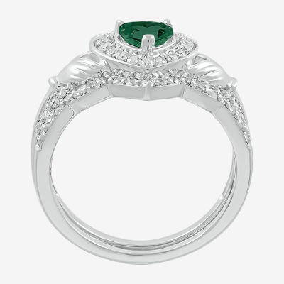 Modern Bride Gemstone Womens Lab Created Green Emerald 14K White Gold Claddagh Bridal Set