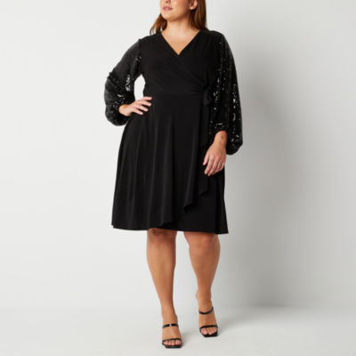 Robbie Bee Plus Long Sequin Sleeve Fit + Flare Dress, Color Black