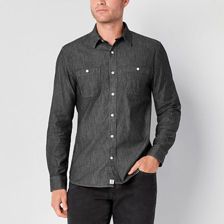Mutual Weave Stretch Chambray Mens Regular Fit Long Sleeve Button-Down Shirt, Xx-large, Black