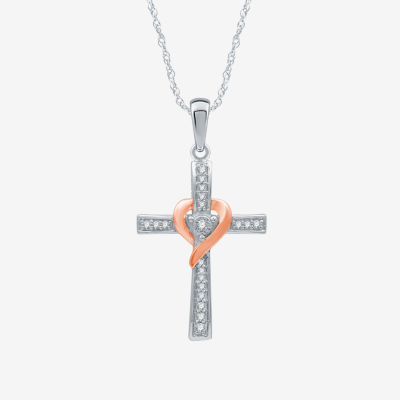 Yes, Please! Womens 1/10 CT. T.W. Mined White Diamond 14K Rose Gold Over Silver Sterling Silver Cross Pendant Necklace