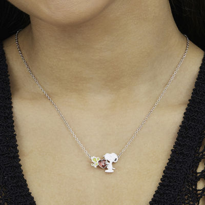 Disney Classics Woodstock Womens Pink Crystal Pure Silver Over Brass Heart 18 Inch Pendant Necklace