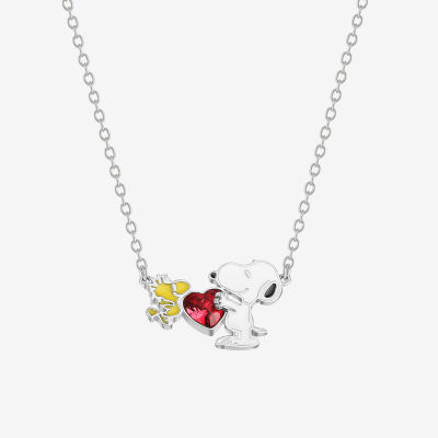 Woodstock Crystal Pure Silver Over Brass 18 Inch Cable Heart Peanuts Snoopy Pendant Necklace