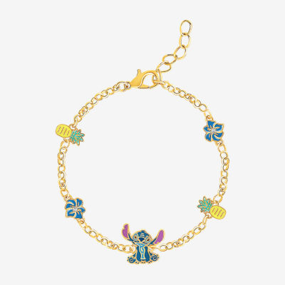 Disney Classics Crystal 18K Gold Over Brass 7.5 Inch Cable Flower Stitch Charm Bracelet