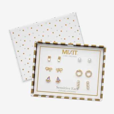 Mixit Hypoallergenic Gold Tone 6 Pair Cubic Zirconia Simulated Pearl Bow Earring Set