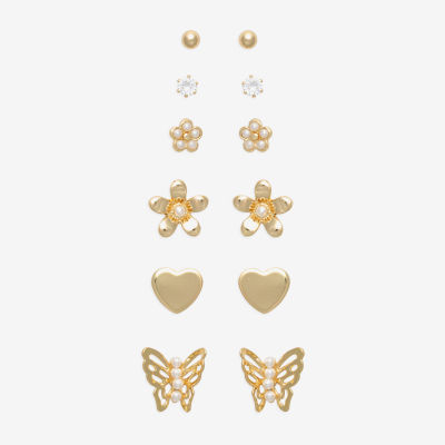 Mixit Hypoallergenic Gold Tone 6 Pair Cubic Zirconia Butterfly Flower Heart Earring Set