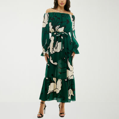 Premier Amour Off The Shoulder Womens Long Sleeve Floral Fit + Flare Dress