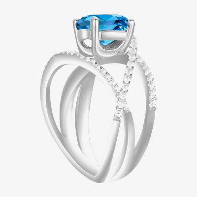 Womens Genuine Blue Topaz Sterling Silver Crossover Side Stone Cocktail Ring