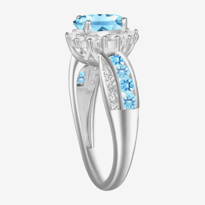 Womens Genuine Blue Topaz Sterling Silver Halo Crossover Cocktail Ring