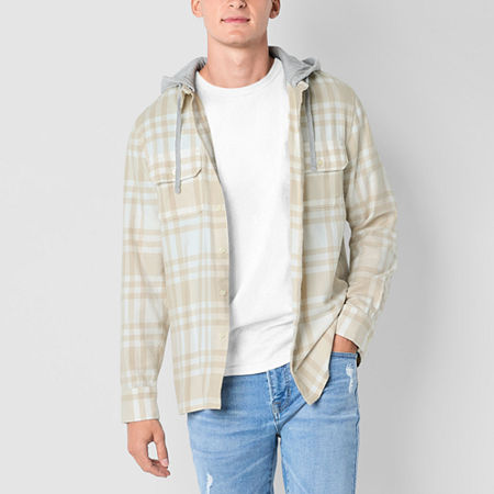 Arizona Mens Long Sleeve Hooded Flannel Shirt Jacket, Large, Beige