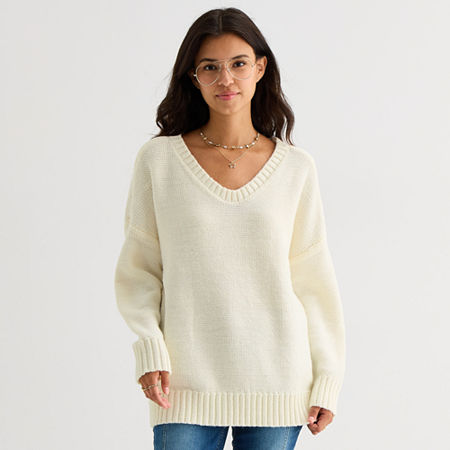 Arizona Juniors Womens V Neck Long Sleeve Pullover Sweater, Large, White