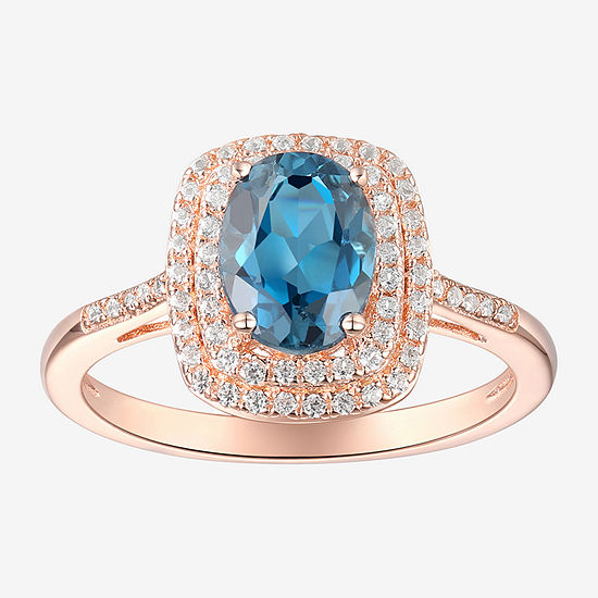 Womens Genuine Blue Topaz 14K Rose Gold Over Silver Halo Cocktail Ring